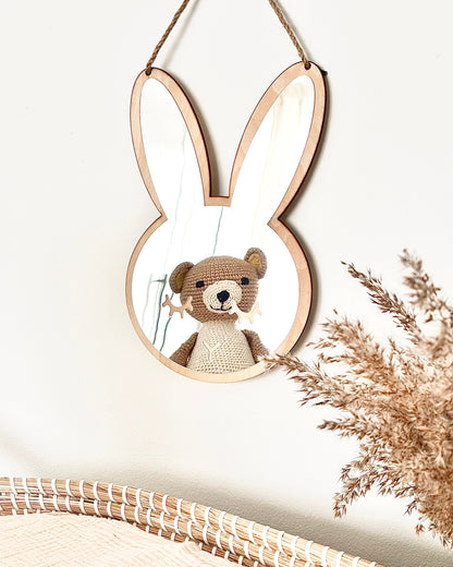 "Veilige houten konijn spiegel, babykamer decoratie, kinderkamer accessoires, houten spiegels voor kinderen, lichtgewicht en veilig, ontwikkelingsgericht speelgoed, natuurlijke babykamer stijl, schattige wanddecoratie"
